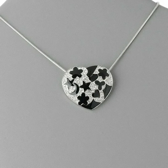 Black Enamel Pave Austrian Crystal Heart Pendant Silver Snake Chain Necklace - Picture 2 of 2